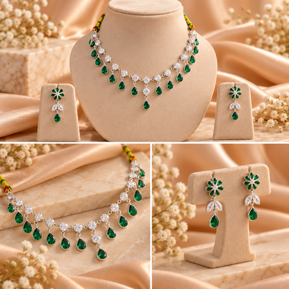 Emerald Elegance Silver Necklace Set