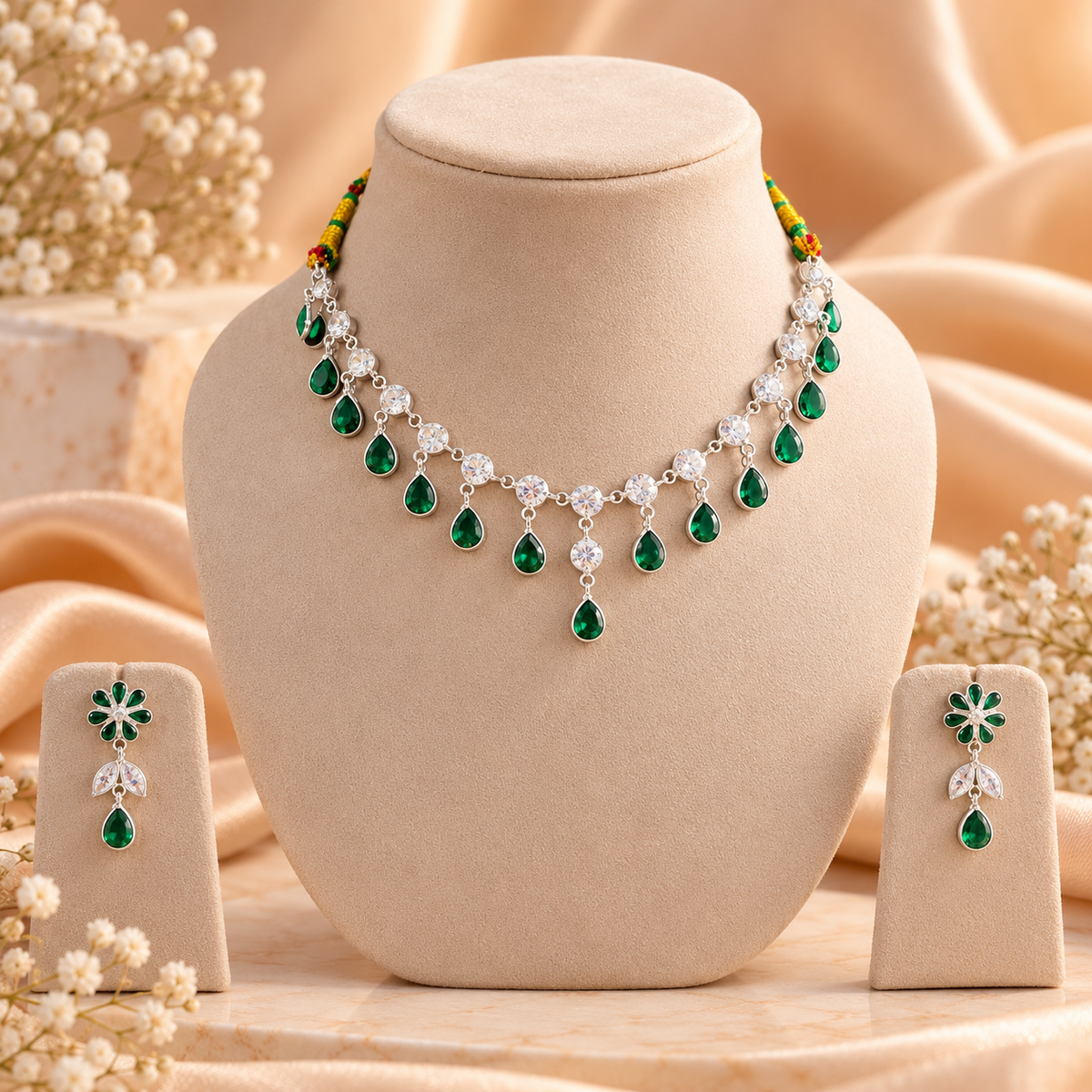 Emerald Elegance Silver Necklace Set