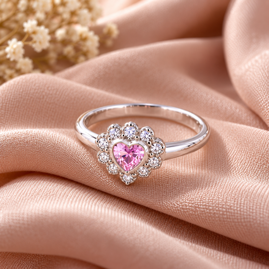 Pink Heart Silver Ring